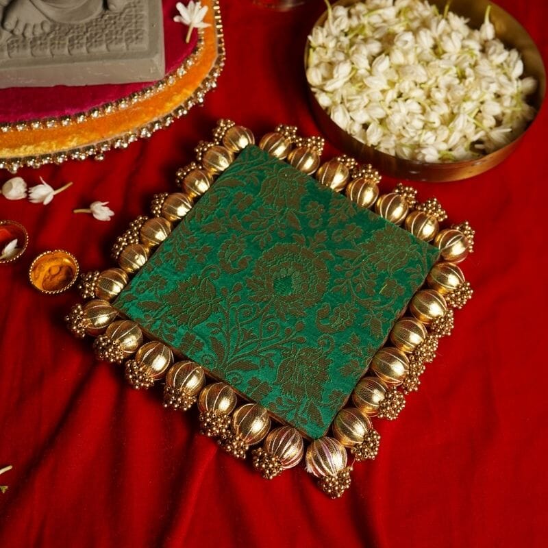 Pink & Green Two Sided Aasan Pooja Mat with Bead Work