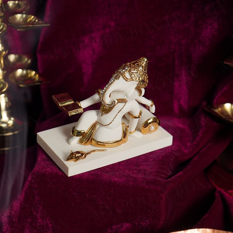 Reading Book Gold Plated Marble Ganesha Car Idol