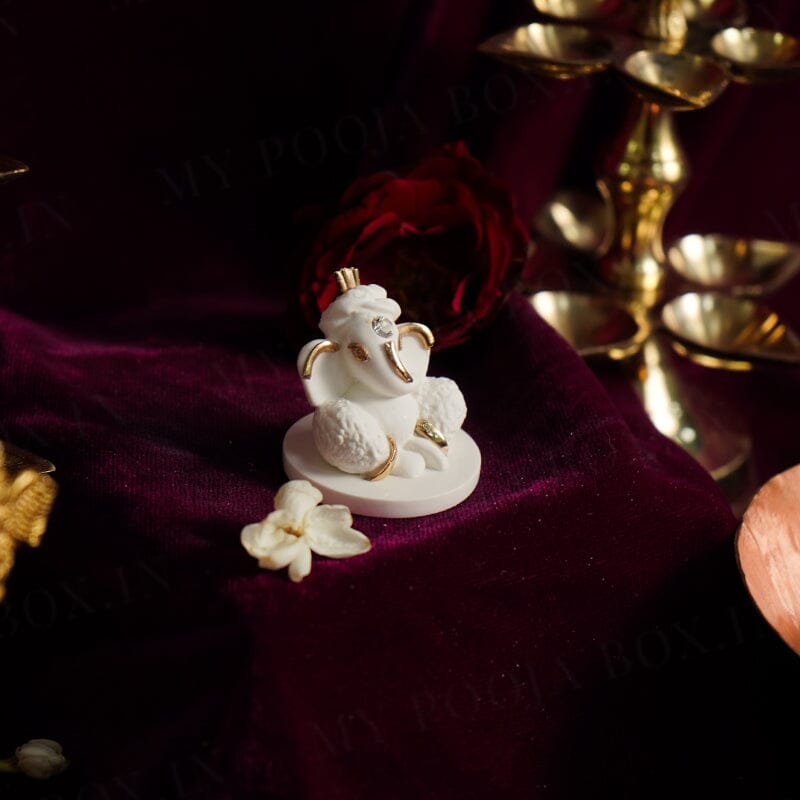 Cute Mini Ganesha Gold Plated Marble Car Idol