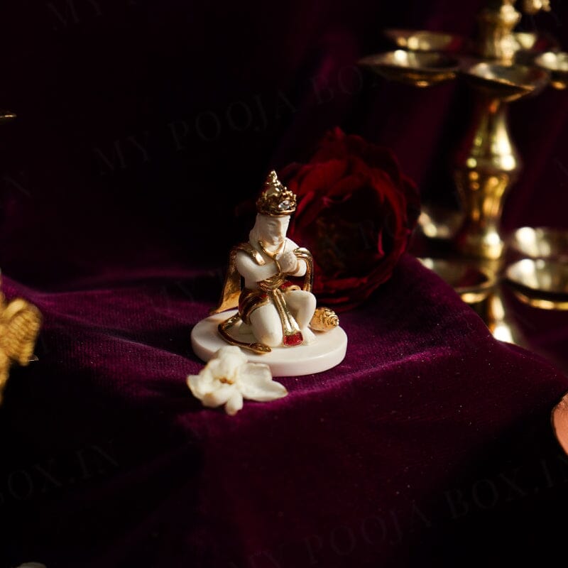 Mighty Lord Hanuman Gold Plated Marble Car Idol (Small)