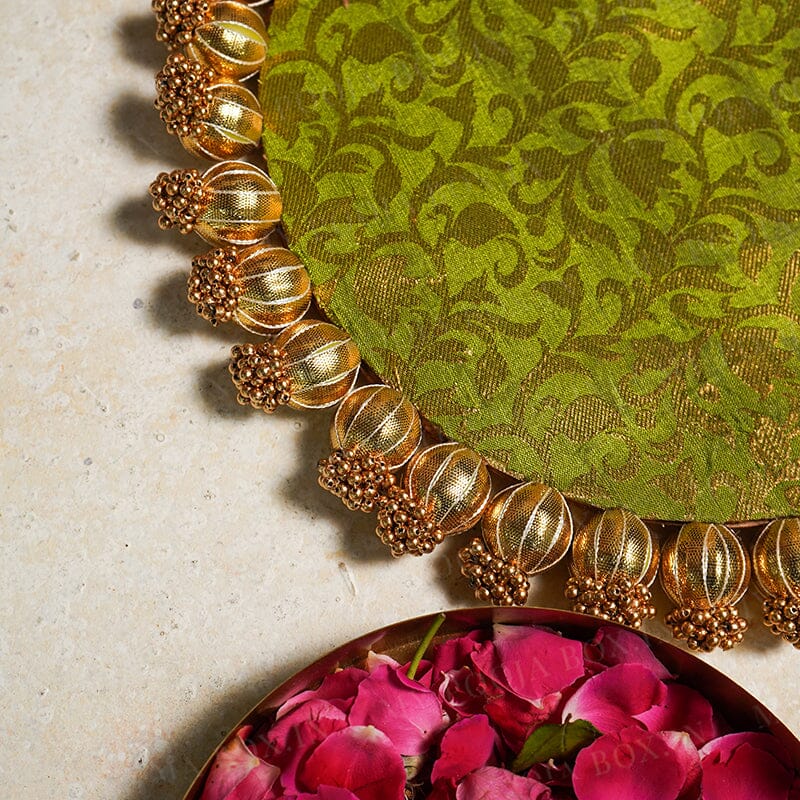 Brocade Two Sided Aasan Pooja Mat with Bead Work - 30cm