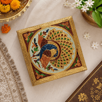Peacock Golden Design Pooja Chowki