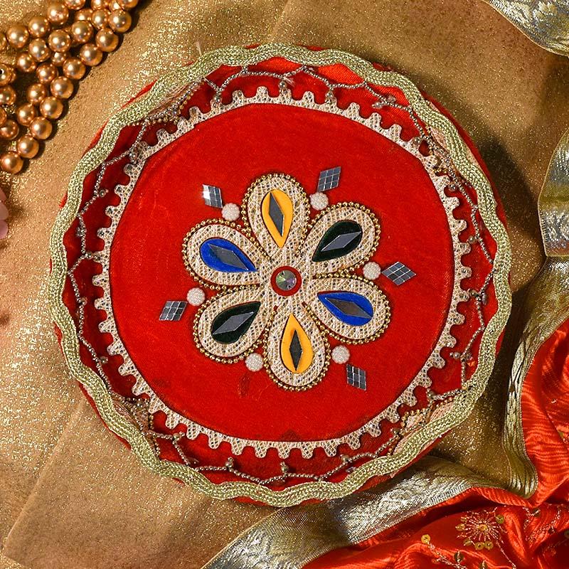 Velvet Red Decorated Pooja Thali