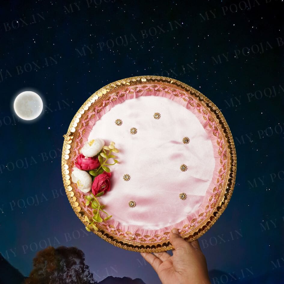 Pink Roses Flower Karwa Chauth Thali Set