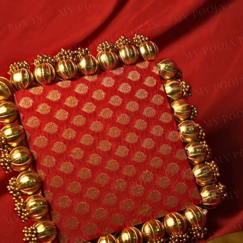 Red & Green Two Sided Aasan Pooja Mat with Bead Work