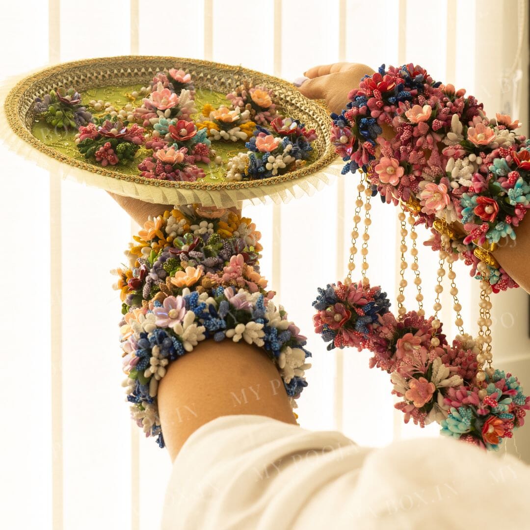 Floral Blue Pink Haath Phool Bracelet & Maang Tikka Set