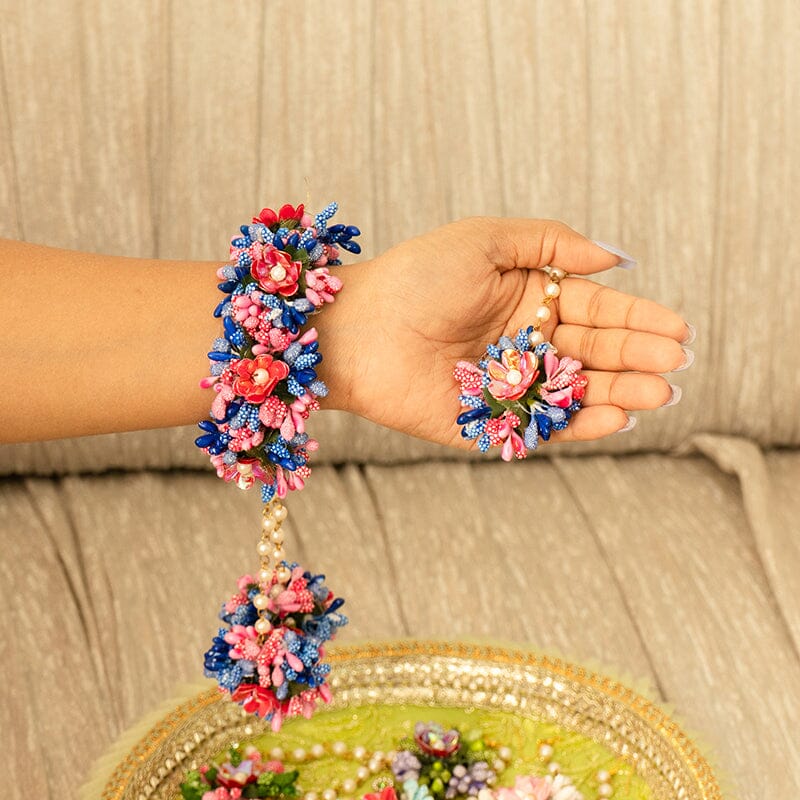 Floral Blue Pink Haath Phool Bracelet & Maang Tikka Set