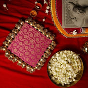 Pink & Green Two Sided Aasan Pooja Mat with Bead Work