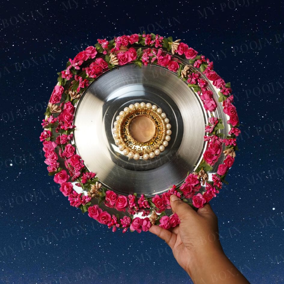 Pink Camellias Flower Karwa Chauth Thali Set