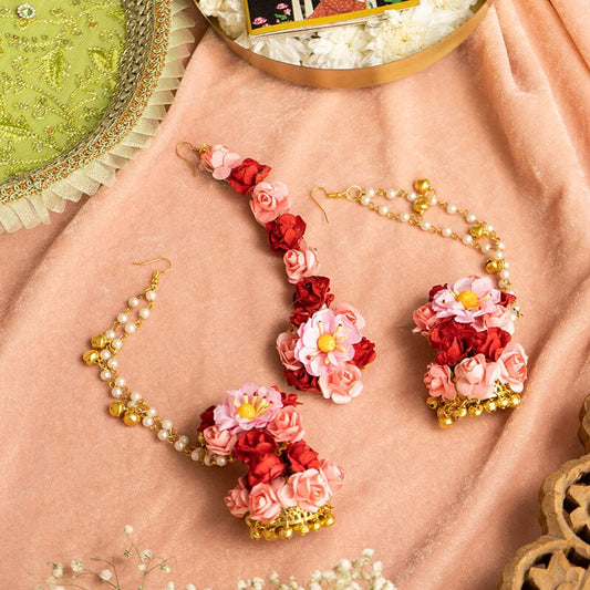 Floral Red Peach Pink Earring & Maang Tikka Set