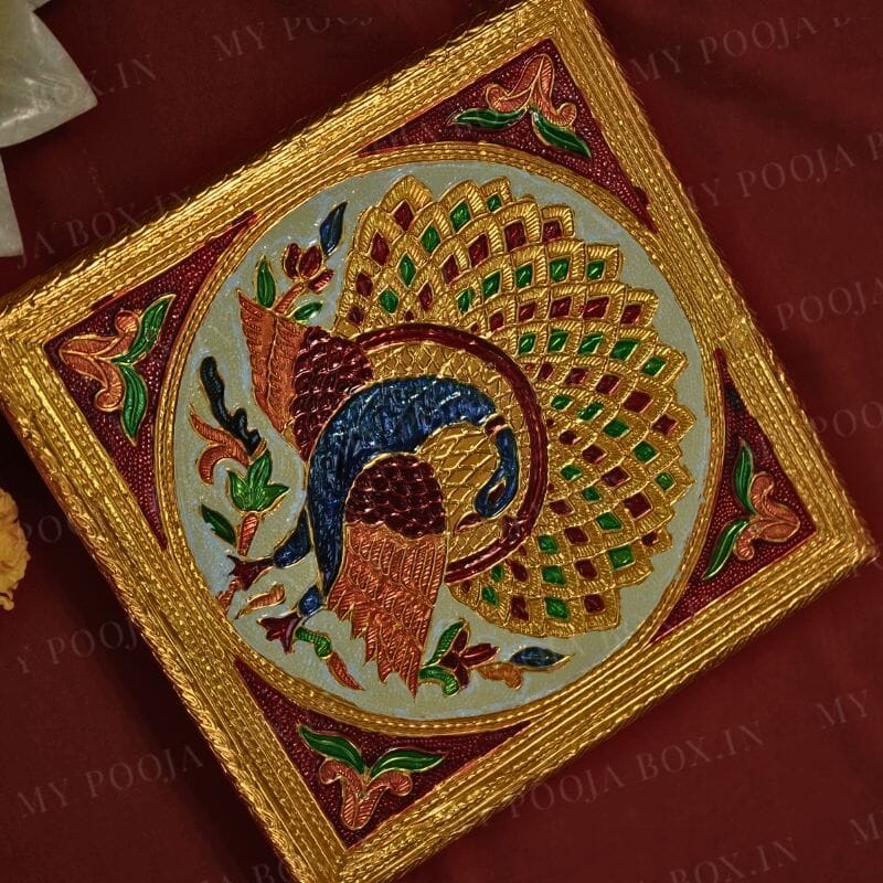 Peacock Golden Design Pooja Chowki