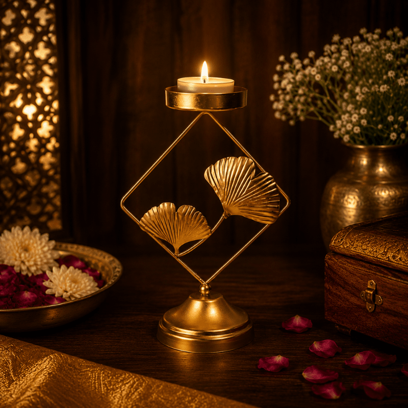 Luxury leaf T-light holder with intricate leaf-inspired decorative design