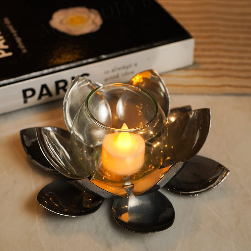 Silver Finish Lotus T-Light Holder