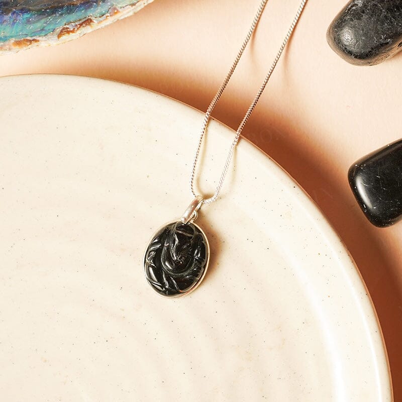 Black Tourmaline Engraved Ganesha Healing Pendant