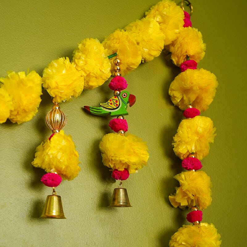 Yellow Marigold & Handpainted Parrot Toran/ Bandhanwar