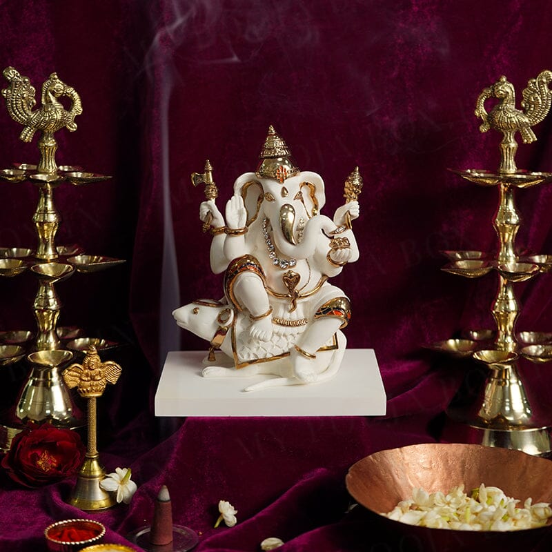 Ganesha Sitted On Mouse Gold Plated Marble Idol