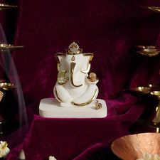 Crown Lord Ganesha Gold Plated Marble Idol