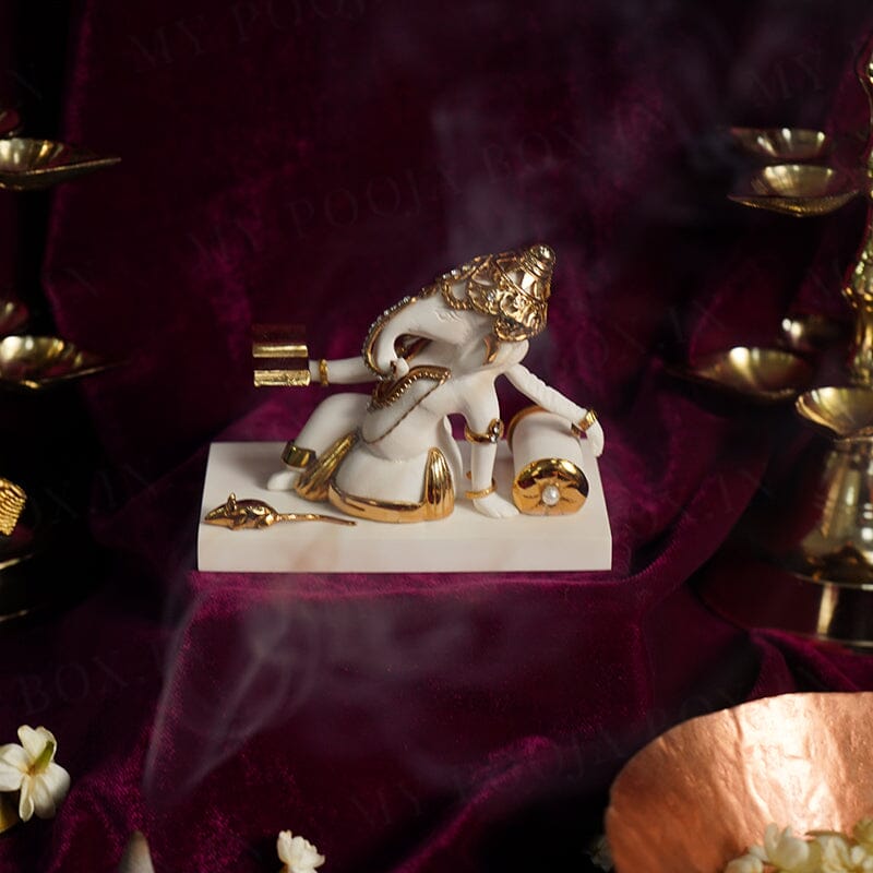 Reading Book Gold Plated Marble Ganesha Idol