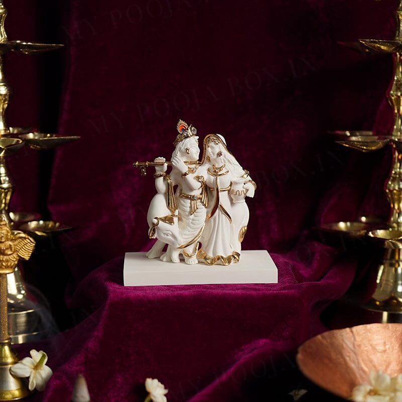 Graceful Radha Krishna With Cow Gold Plated Marble Idol