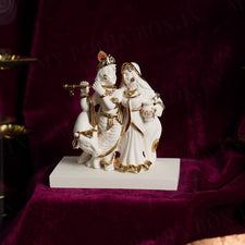 Graceful Radha Krishna With Cow Gold Plated Marble Idol