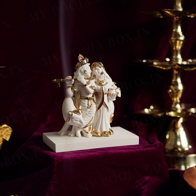 Graceful Radha Krishna With Cow Gold Plated Marble Idol