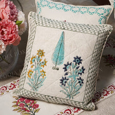 Cypress & Floral Block Print Quilted Cushion Cover