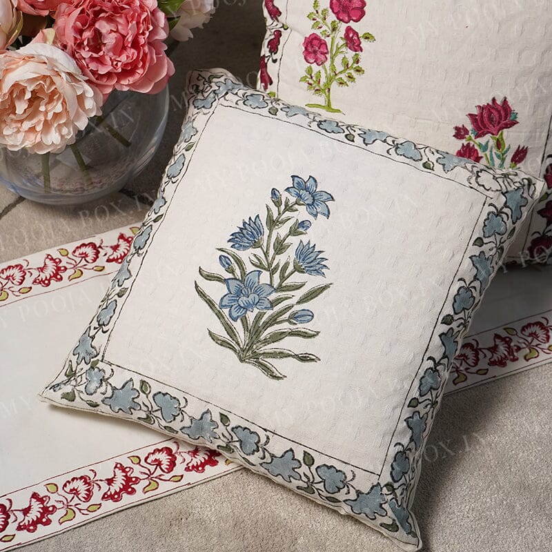 Neelam Blue Floral Block Print Cotton Cushion Cover