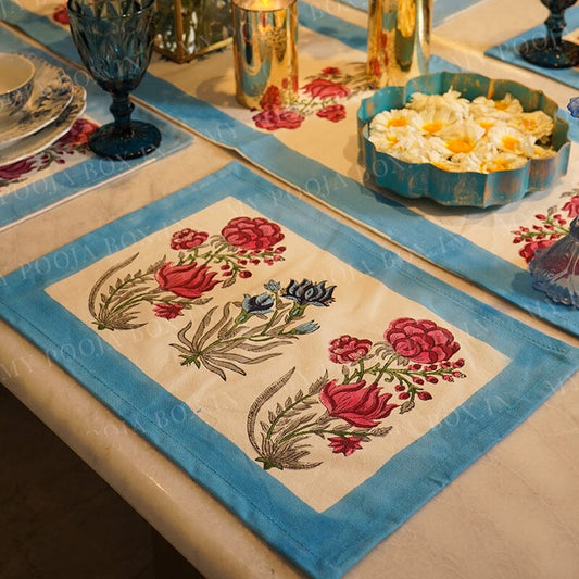 Blue Zunaira Floral Printed Cotton Table Mat Set Of 6