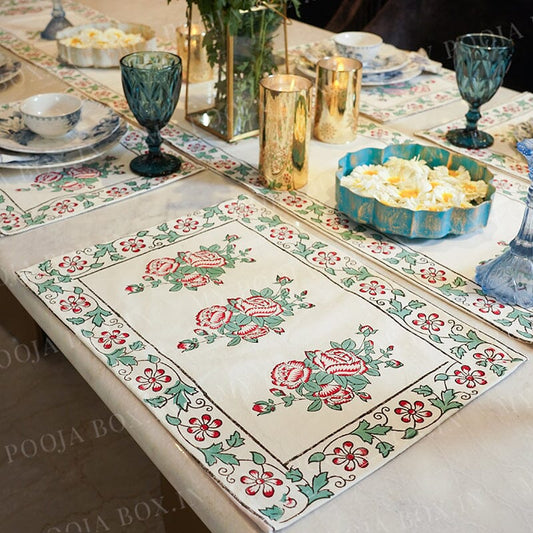 Green Red Meera Floral Block Print Cotton Table Mat Set Of 6