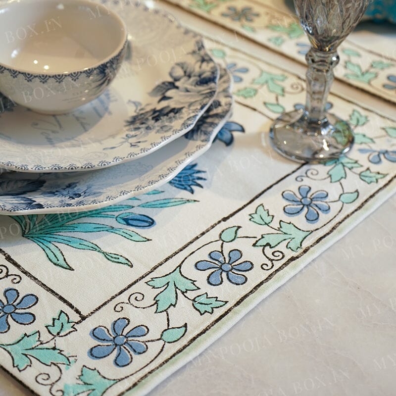 Neelam Blue Floral Block Print Cotton Table Mat Set Of 6