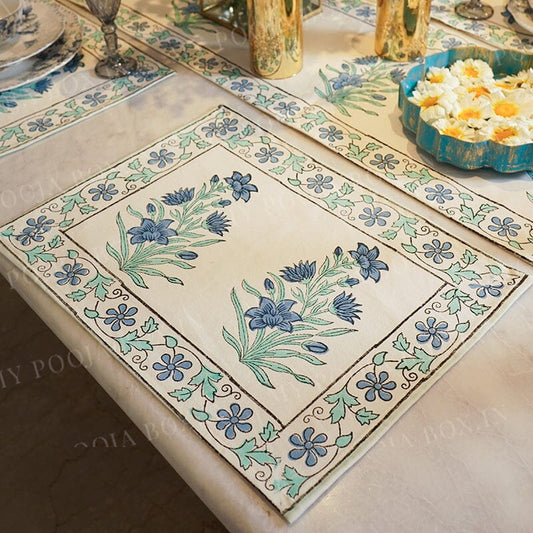 Neelam Blue Floral Block Print Cotton Table Mat Set Of 6