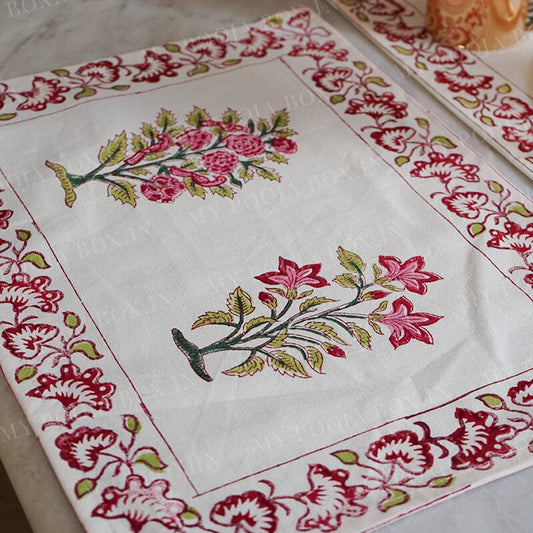 Suhasini Pink Floral Block Print Cotton Table Mat Set Of 6