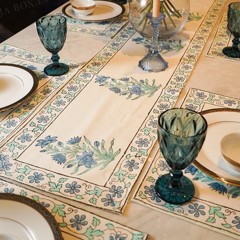 Neelam Blue Floral Block Print Cotton Table Runner