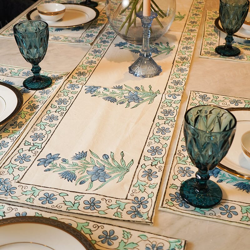 Neelam Blue Floral Block Print Cotton Table Runner