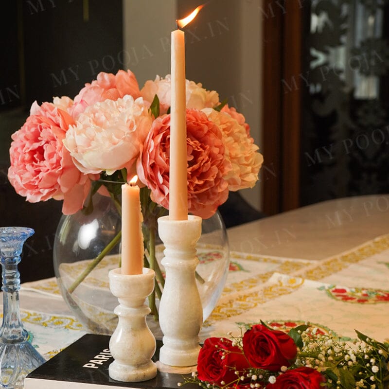 Marble Pillar Candle Holder Set Of 2