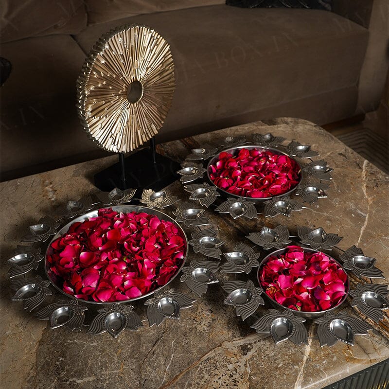 Astounding Silver Finish Lotus Diya Urli