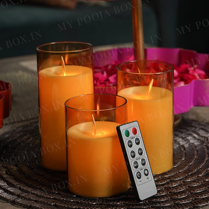 LED Flickering Golden Acrylic Glass Pillar Candles With Remote (Set of 3)