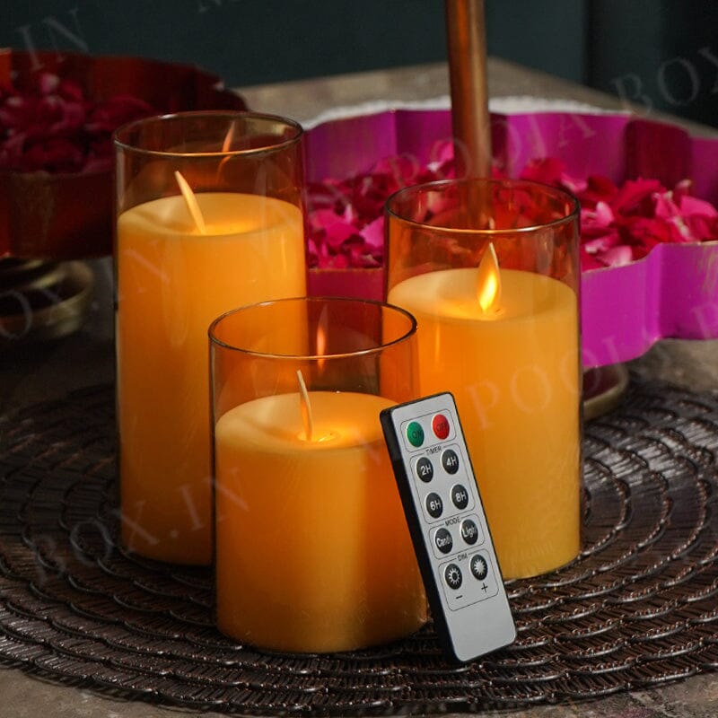 LED Flickering Golden Acrylic Glass Pillar Candles With Remote (Set of 3)