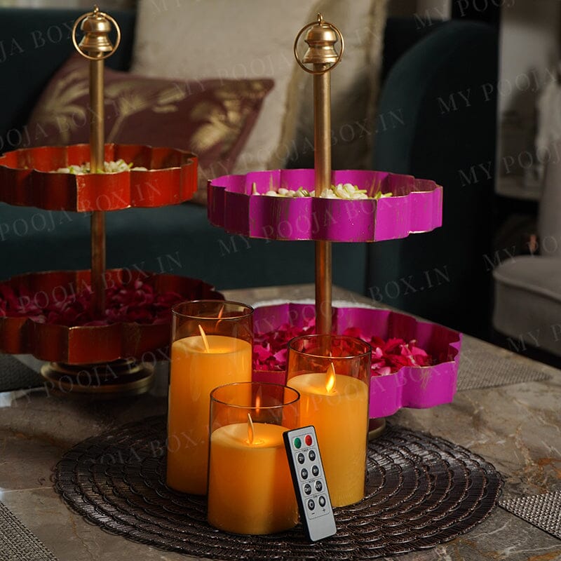 LED Flickering Golden Acrylic Glass Pillar Candles With Remote (Set of 3)