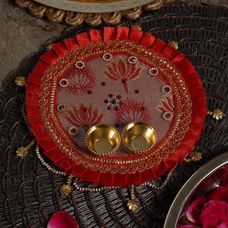 Red Pooja Thali With Ribbon Work 5''