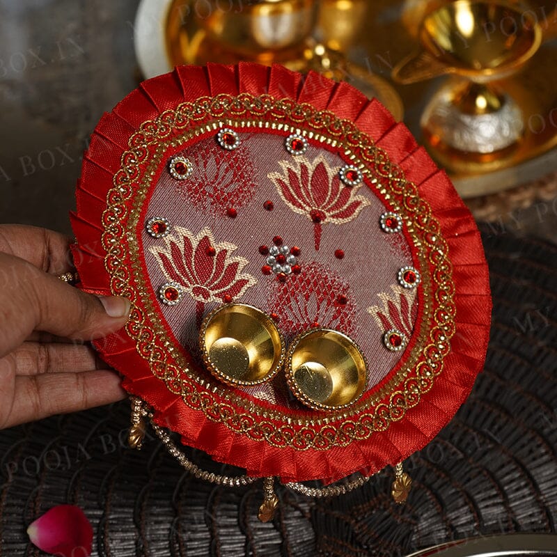 Red Pooja Thali With Ribbon Work 5''