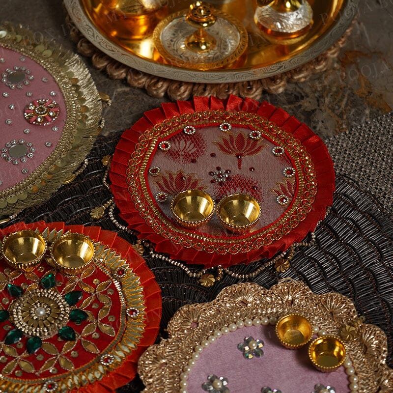 Red Pooja Thali With Ribbon Work 5''