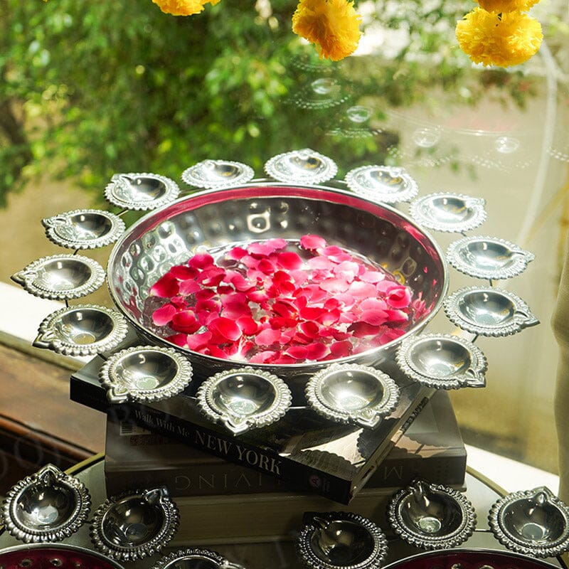 Aesthetic Silver Finish Floral Urli With Diya