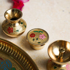 Traditional Minakari Brass Peacock Pooja Thali Set