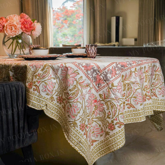 Pink Daisy Jaal Block Printed Table Cover