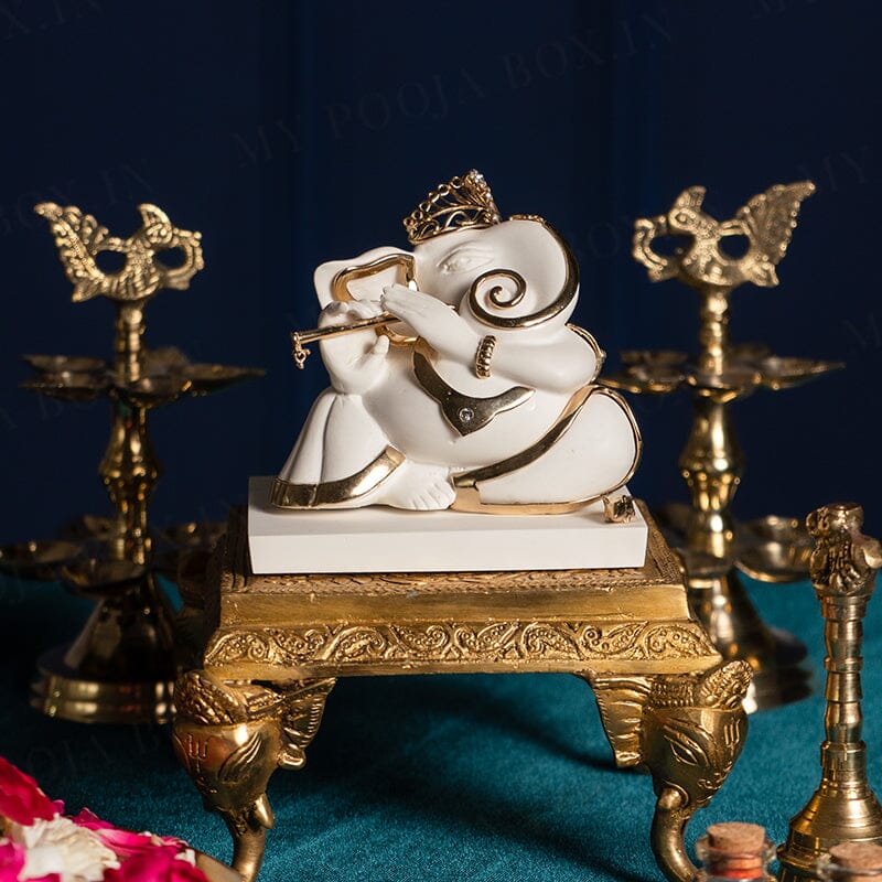 Gold Plated Ganesha with Flute Marble Idol