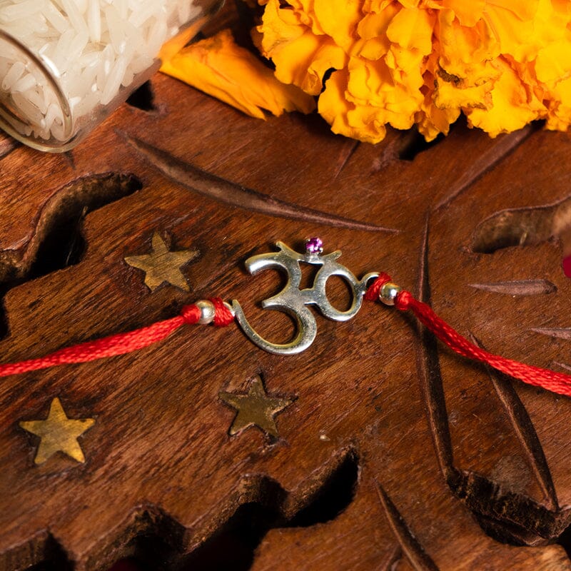 925 Silver Auspicious OM & Ruby Stone Rakhi