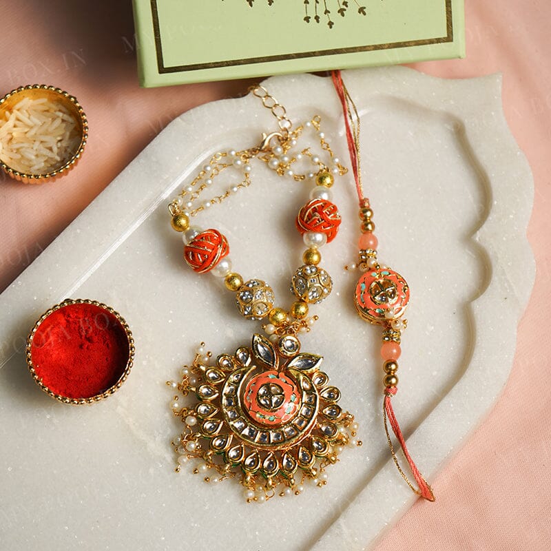 White & Orange Pearl Bhaiya Bhabhi Rakhi