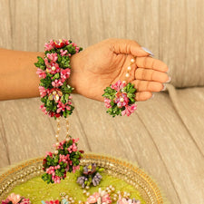 Floral Green Pink Haath Phool Bracelet & Maang Tikka Set