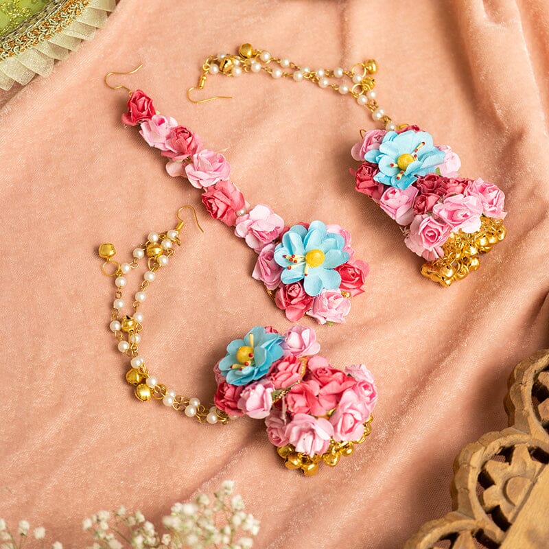 Floral Light Blue Pink Earring & Maang Tikka Set